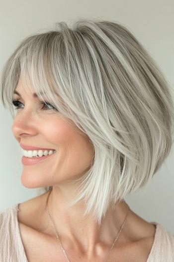 Choppy Stacked Bob with Bangs Hairstyle on a smiling woman with silvery gray hair, side view.