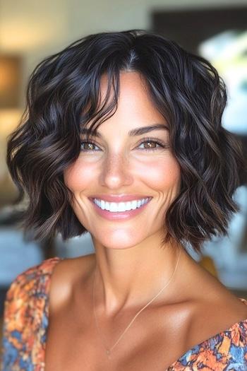 Choppy Wavy Bob Hairstyle on a smiling woman with dark brown hair.