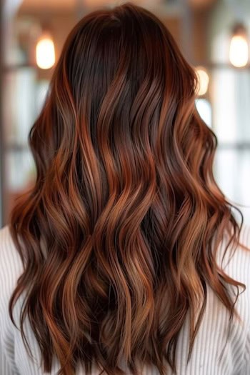 Cinnamon Brown with Auburn Balayage Hair Color Idea.