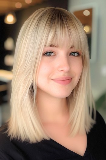 Classic Blonde Lob with Bangs Haircut.