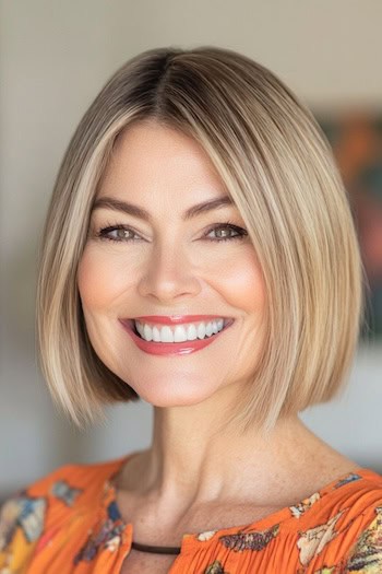 Classic Blunt Bob with Center Part Haircut on a smiling woman with medium blonde hair.