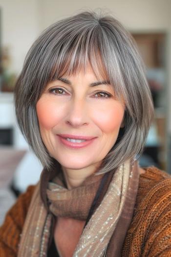 Classic Bob with Wispy Bangs Hairstyle on a smiling older woman with charcoal gray hair.