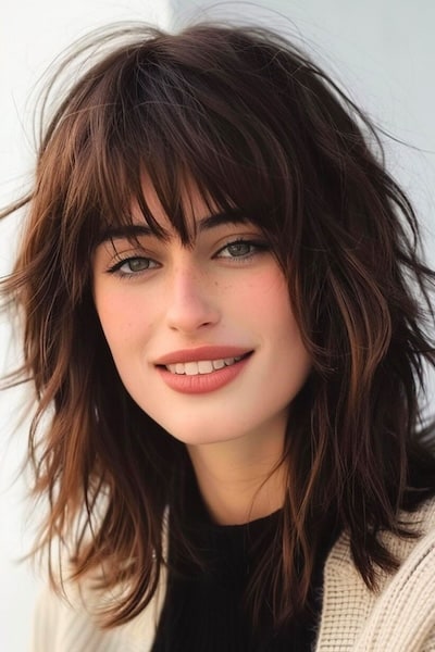 Collarbone-Length Textured Shag Medium-Length Hairstyle with Bangs.