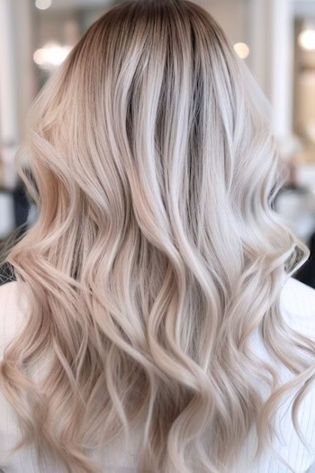 Cool Ash Blonde Waves Hairstyle on a woman with blonde hair in a hair salon, back view.