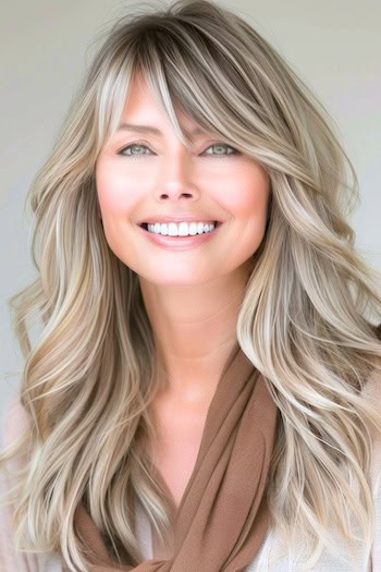 Cool Ash Blonde Waves With Fringe Hairstyle on a smiling woman with blonde hair.