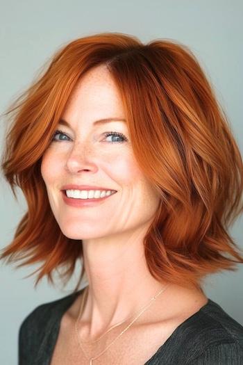 Copper Choppy Bob Hairstyle on a smiling woman with copper red hair.