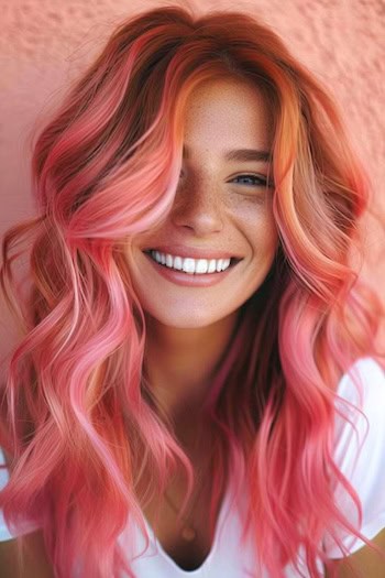 Copper Pink Waves Pink Hair Color Idea.