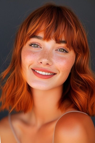 Copper Waves Medium-Length Hairstyle with Bangs.