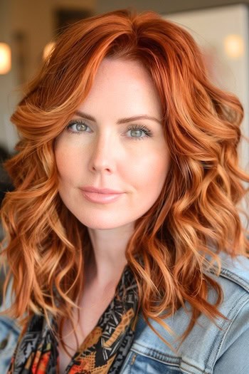 Copper Wavy Layers Hairstyle on woman with copper red hair.