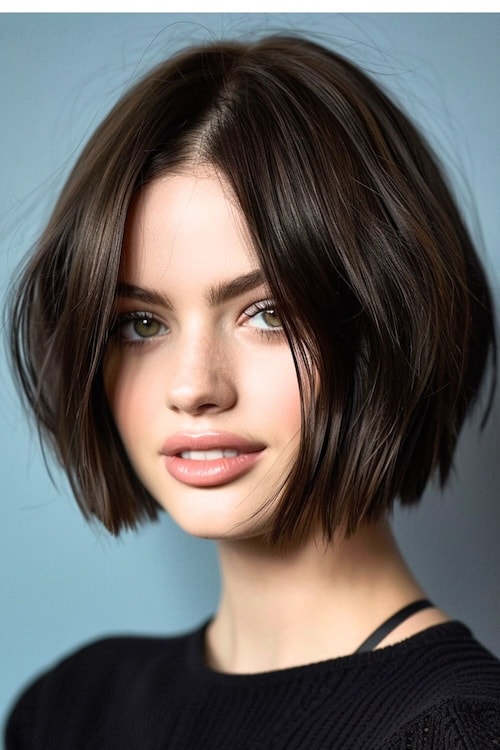 Cropped chin-length midnight brown bob hairstyle.