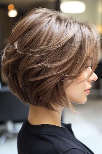 Cropped Feathered Layers Haircut on a young woman with brown hair, side view in salon.