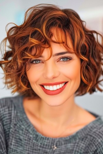 Curly Bob with Deep Side Part Short Curly Hairstyle.