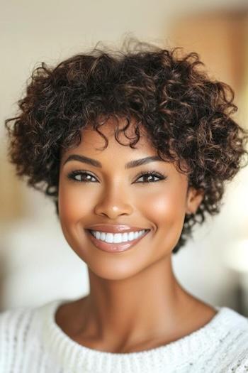 Curly Pixie with Bangs Hairstyle on a smiling black woman with brown hair.