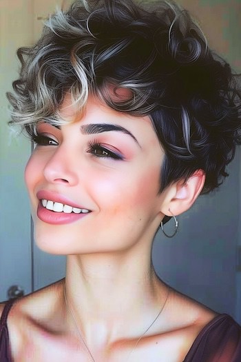 Curly Pixie with Highlights Short Curly Hairstyle.