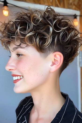 Curly Pixie with Taper Short Curly Hairstyle.