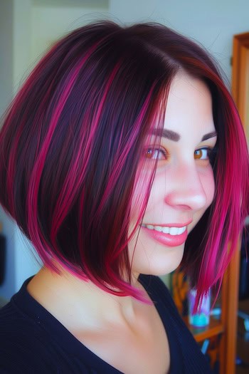 Dark Bob with Magenta Streaks Pink Hair Color Idea.