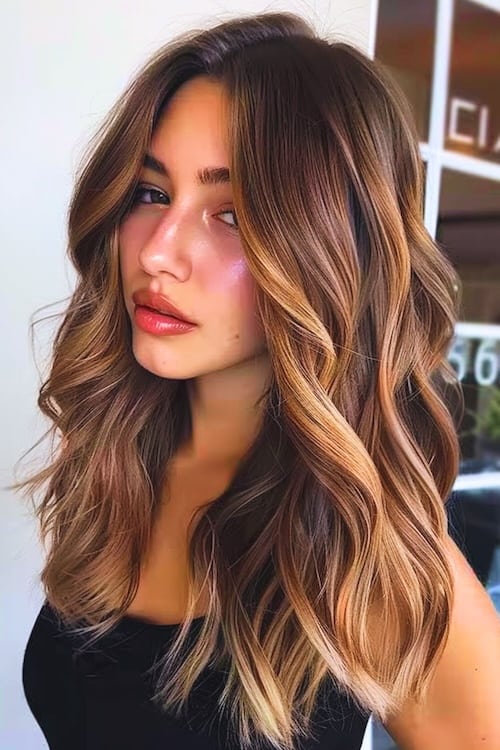 Dark brown copper hair with beige blonde highlights.