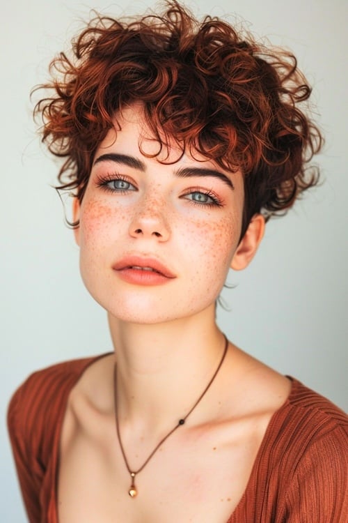 Dark brown curly pixie with copper highlights hair color.