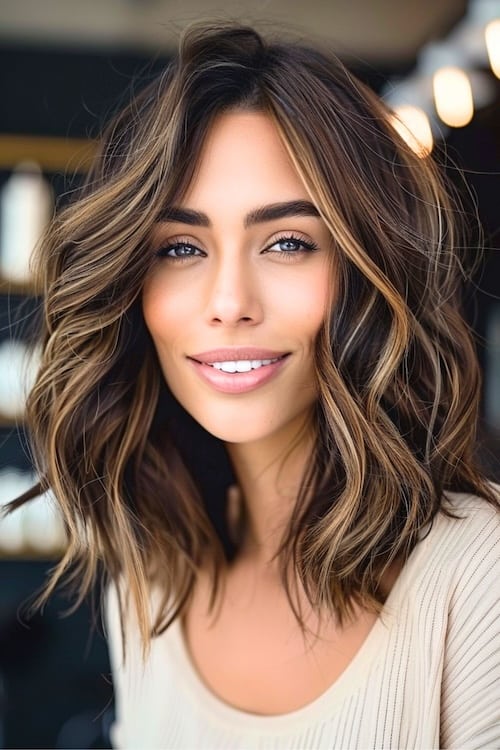 Dark brown hair color with hazelnut highlights.