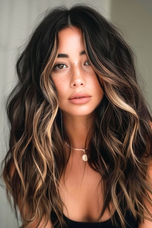 Dark brown with face-framing golden highlights dark brown hair color idea.