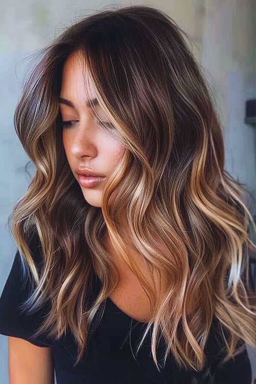 Dark chestnut brown hair with beige blonde highlights.