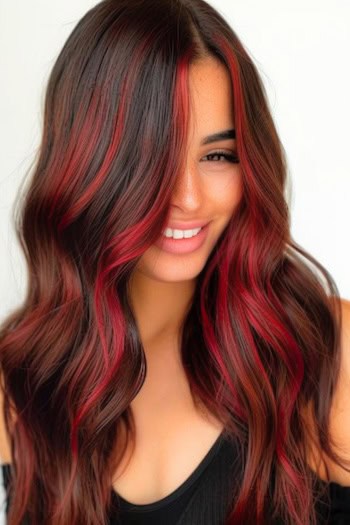 Dark Chestnut with Red Balayage Highlights Hair Color Idea.