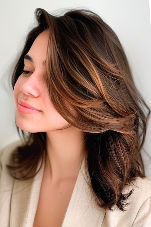 Dark chocolate brown hair color with caramel balayage highlights.