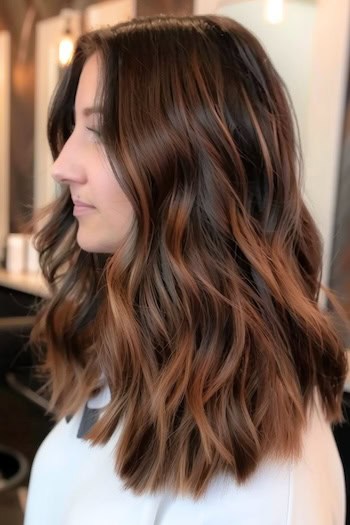 Dark Chocolate with Chestnut Balayage Hair Color Idea.