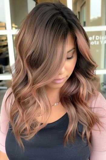 Dark Chocolate with Rose Gold Balayage Hair Color Idea.