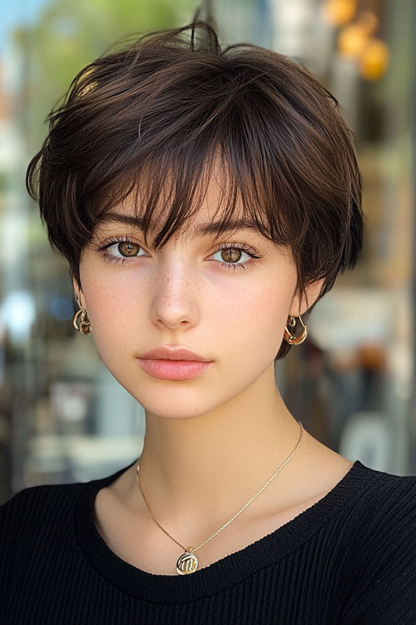 Dark Espresso Pixie with Subtle Layers, cute short haircut, trendy short hairstyle, cute way wear hair short