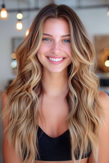 Dark Pecan Brown with Golden Blonde Balayage Hair Color Idea.