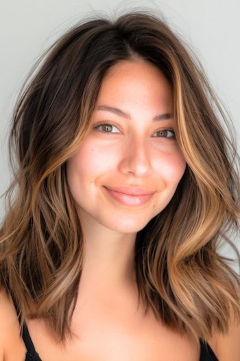 Dark Pecan Brown with Wheat Balayage Highlights Hair Color Idea.