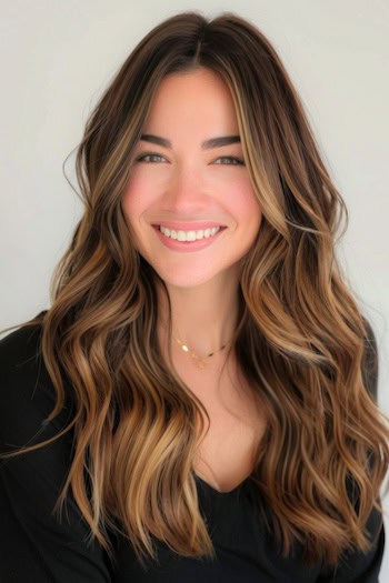 Dark Truffle Brown with Champagne Balayage Hair Color Idea.