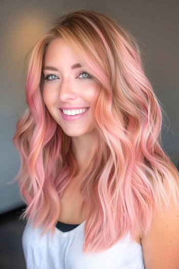 Deep Blonde with Pink Highlights Pink Hair Color Idea.