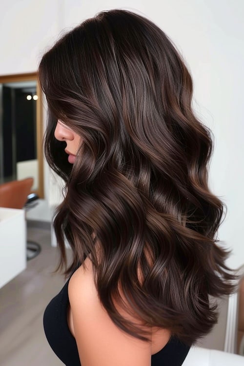 Deep Chestnut Brown with Warm Toffee Highlights hair color.