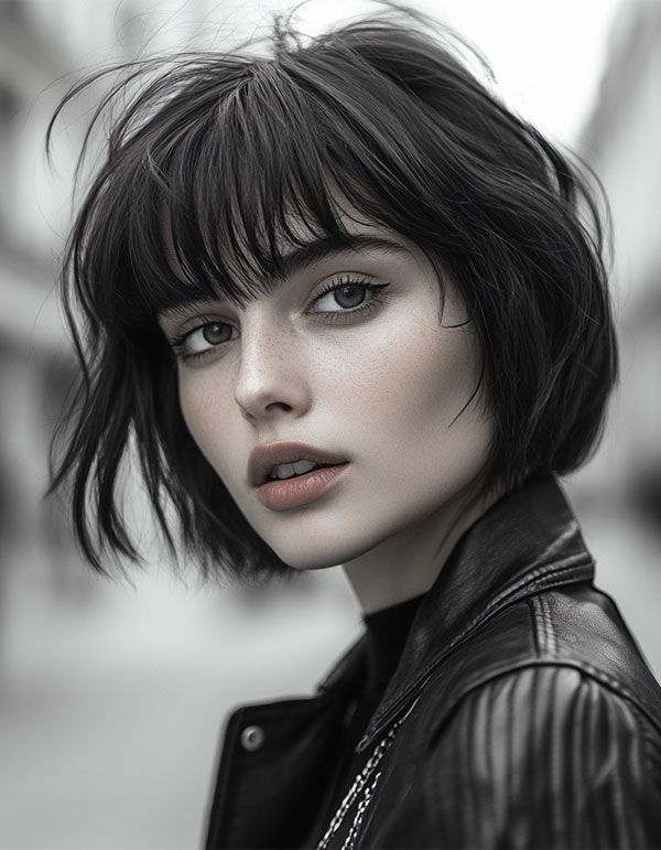 Edgy Bob with Wispy Bangs, cute short haircut, trendy short hairstyle, cute way wear hair short