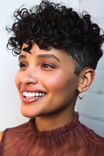 Edgy Pixie with Bangs with Undercut Short Curly Hairstyle.