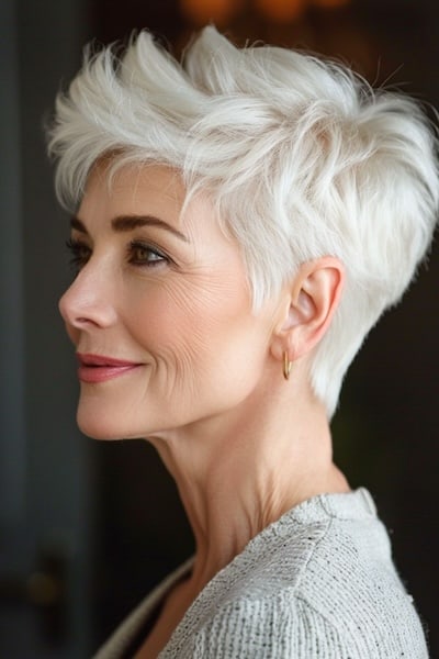 Edgy textured platinum pixie on woman in her 50s.