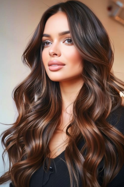 Espresso brown hair color with bronze highlights.