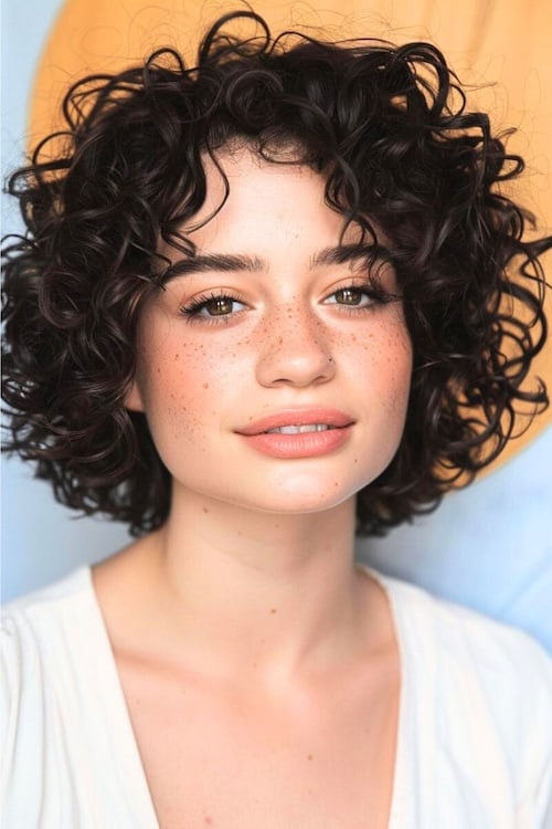 Espresso brown short curly hairstyle.