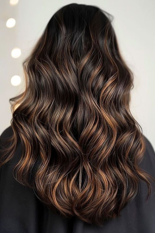 Espresso brown with caramel highlights dark brown hair color.