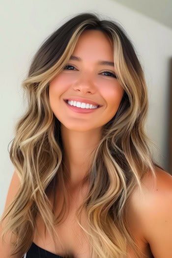 Face-Framing Blonde Balayage on Dark Brown Hair Color Idea.