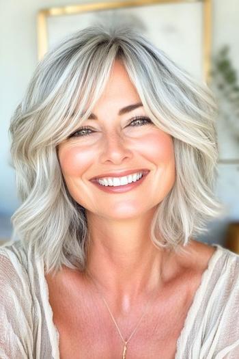 Face-Framing Choppy Long Bob Hairstyle on a smiling woman with gray hair.