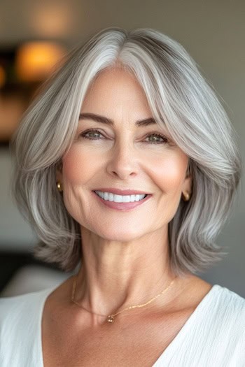 Face-Framing Medium Bob with Layers Haircut on a smiling woman with gray hair.