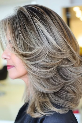 Feathered Ash Blonde Balayage Hairstyle on a smiling woman with dark ash blonde hair, side view.