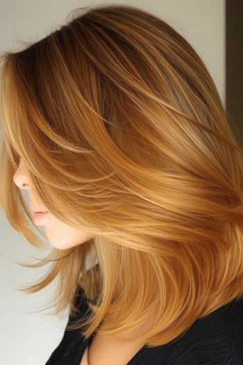 Feathered Honey Blonde Lob Haircut.