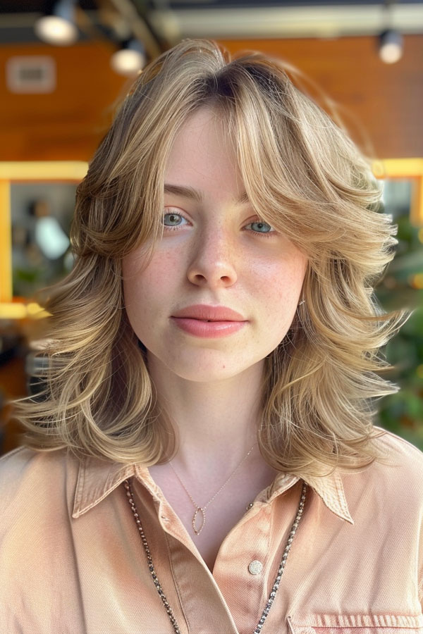 Feathered Honey Blonde with Curtain Bangs, medium-length hairstyle