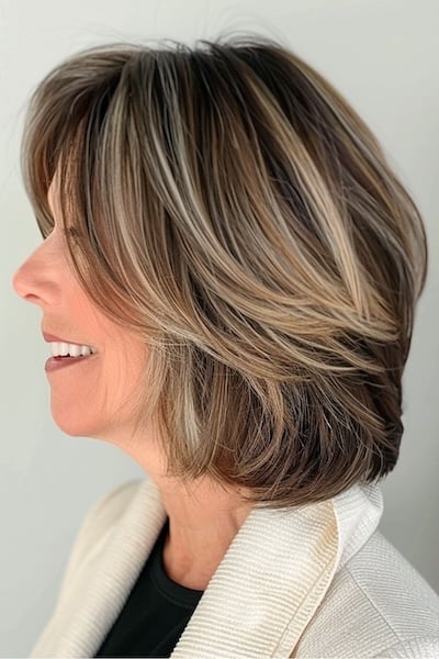 Feathered Layered Lob Hairstyle for Women Over 50.