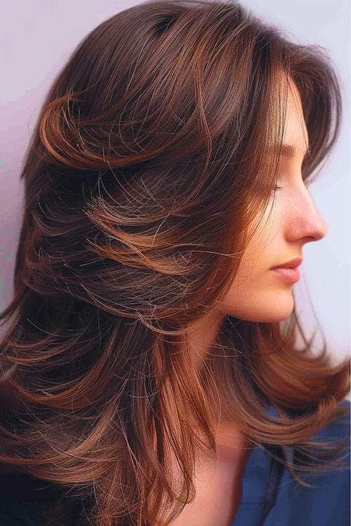 Feathered layers with highlighted tips medium-length hairstyle.