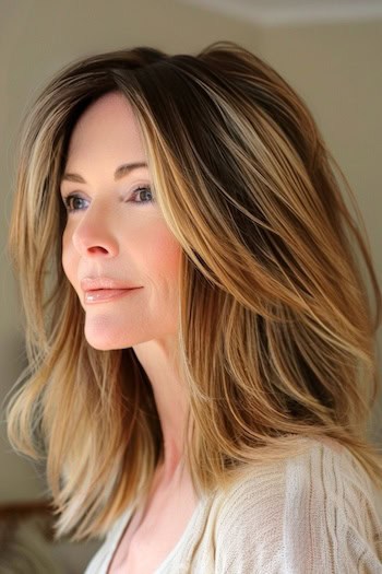 Feathered Layers with Highlights medium-length hairstyle on older woman.